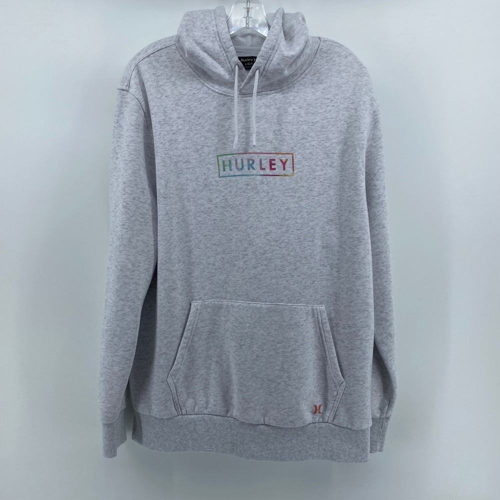 Hurley Womens Rainbow Box Logo Hoodie Gray Heather Pullover Sweatshirt Large